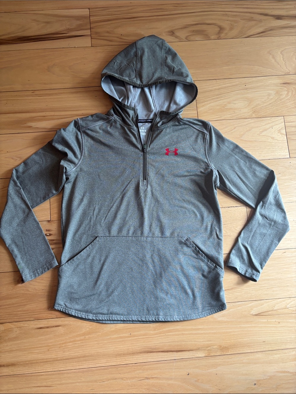 Under Armour Boy’s L Gray/Green Hooded Quarter-Zip Pullover with Red Logo